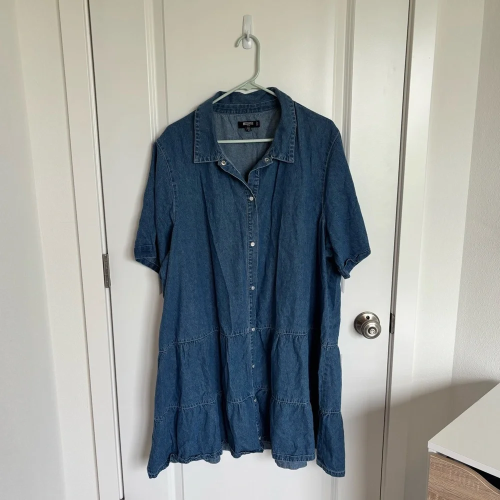 Missguided Denim Smock Dress Tiered Hem Blue - Picture 2 of 5